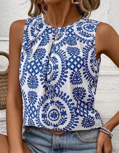 Blue & White Pintuck Printed Tank