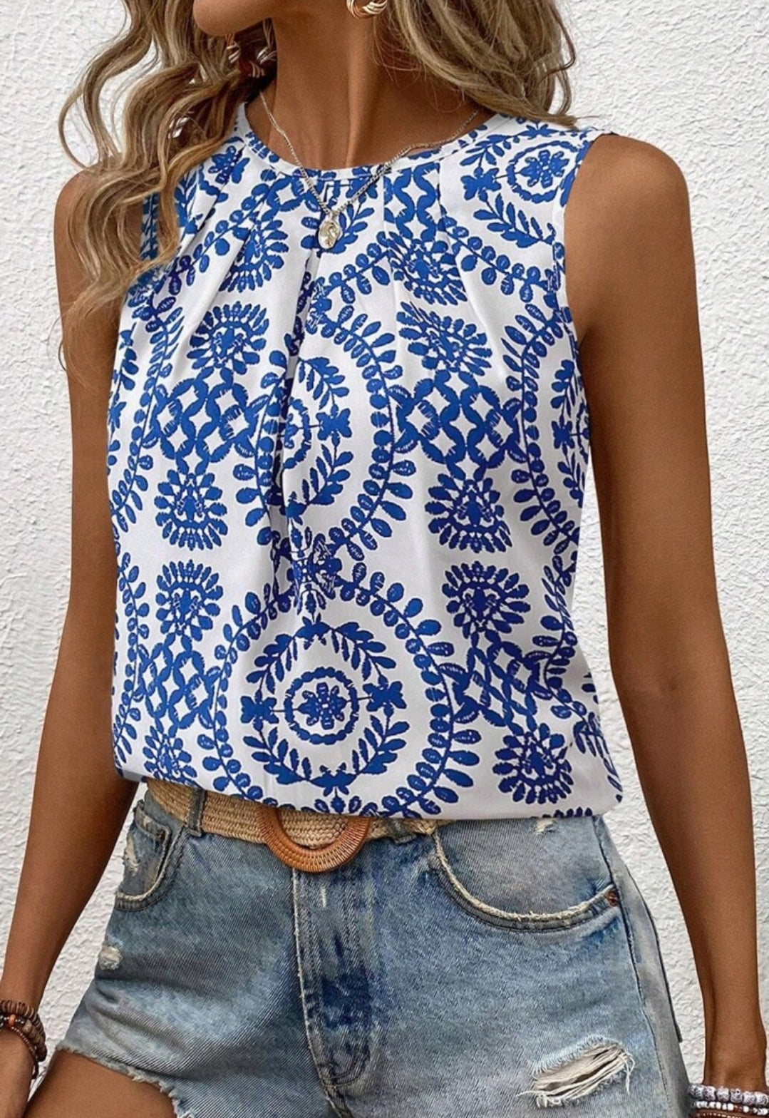Blue & White Pintuck Printed Tank