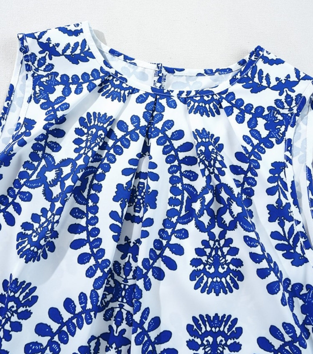 Blue & White Pintuck Printed Tank