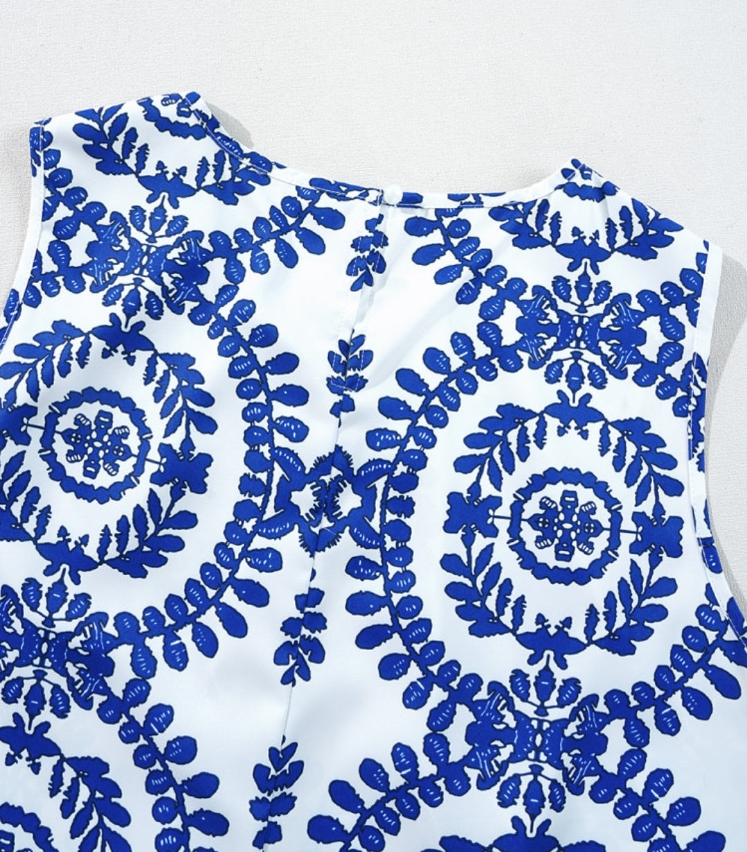 Blue & White Pintuck Printed Tank