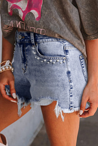 Denim Shorts with Pearl Details