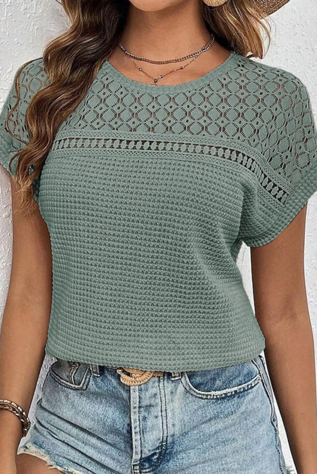 Green Waffle Lace Cutout Short Sleeve Top