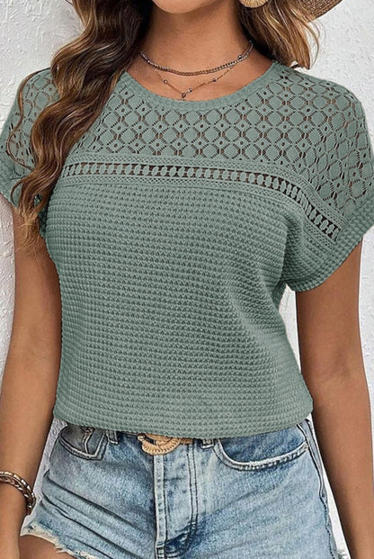 Green Waffle Lace Cutout Short Sleeve Top