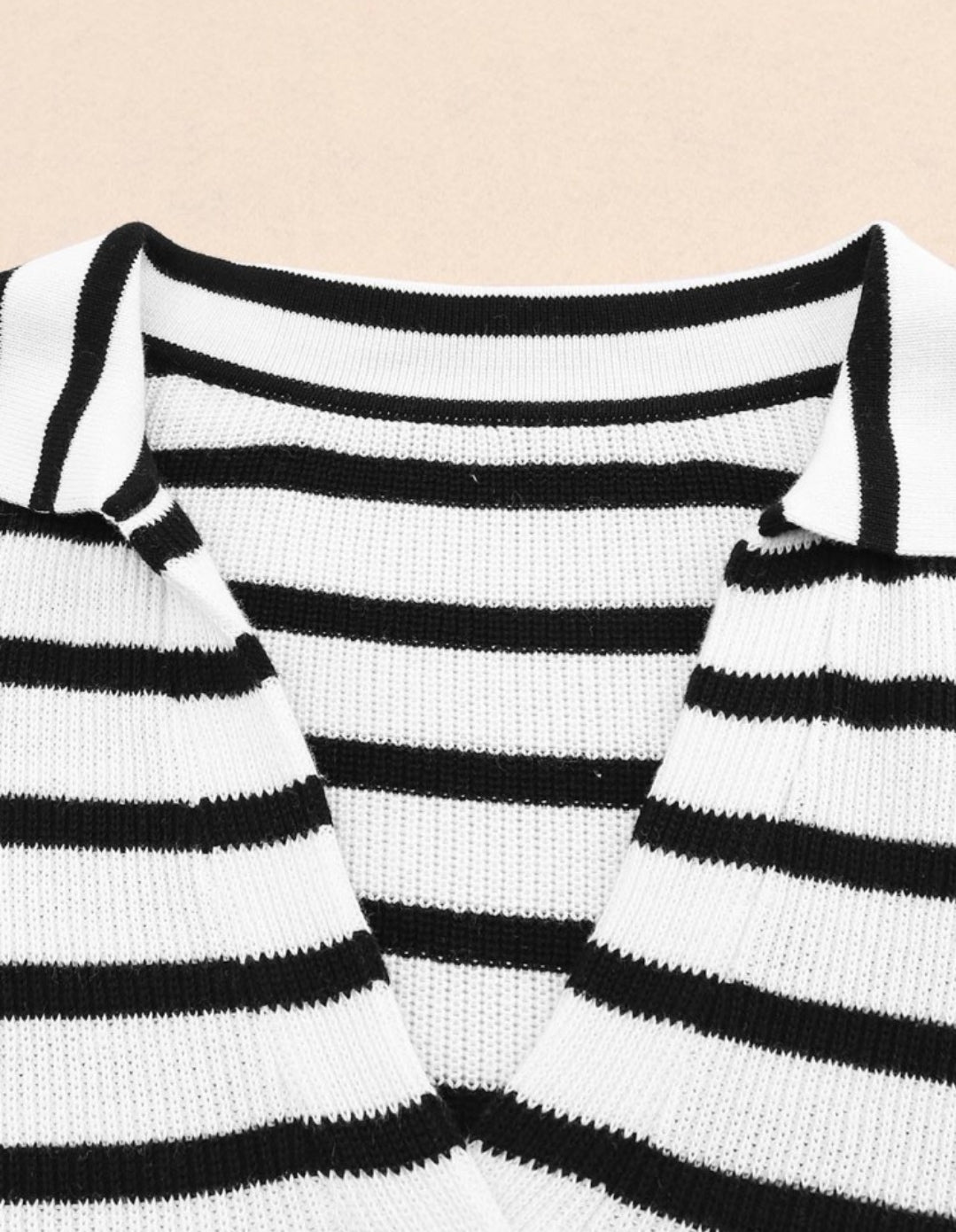 White Black Striped Collared V-neck Sweater