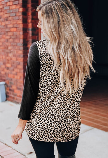 Black & Leopard Choker Criss-cross Neckline Long Sleeve Top