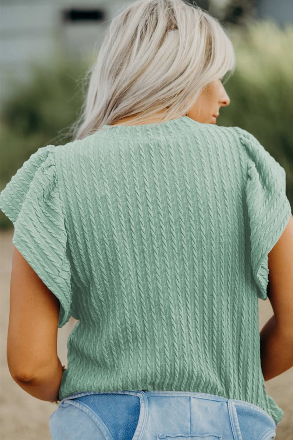 Textured Green Flutter Sleeve Top