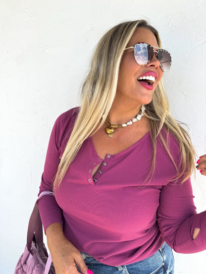 Plus Blakeley Ribbed Henley Long Sleeve Top