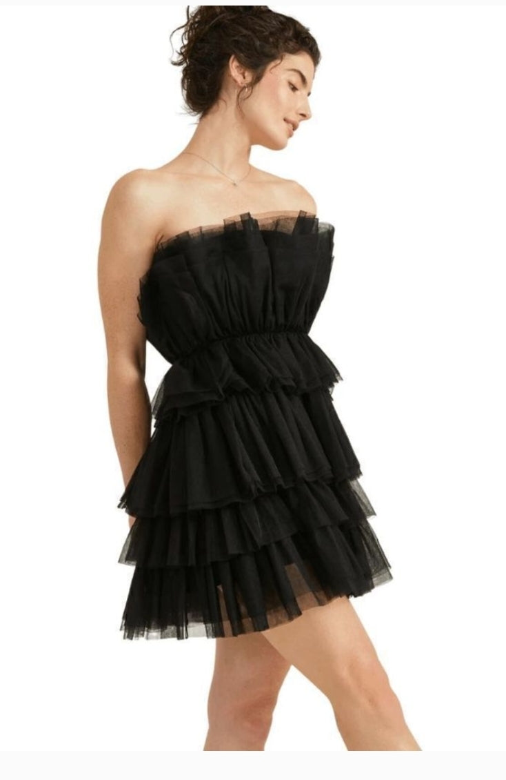 Bibi Black Mesh Tiered Strapless Party Dress