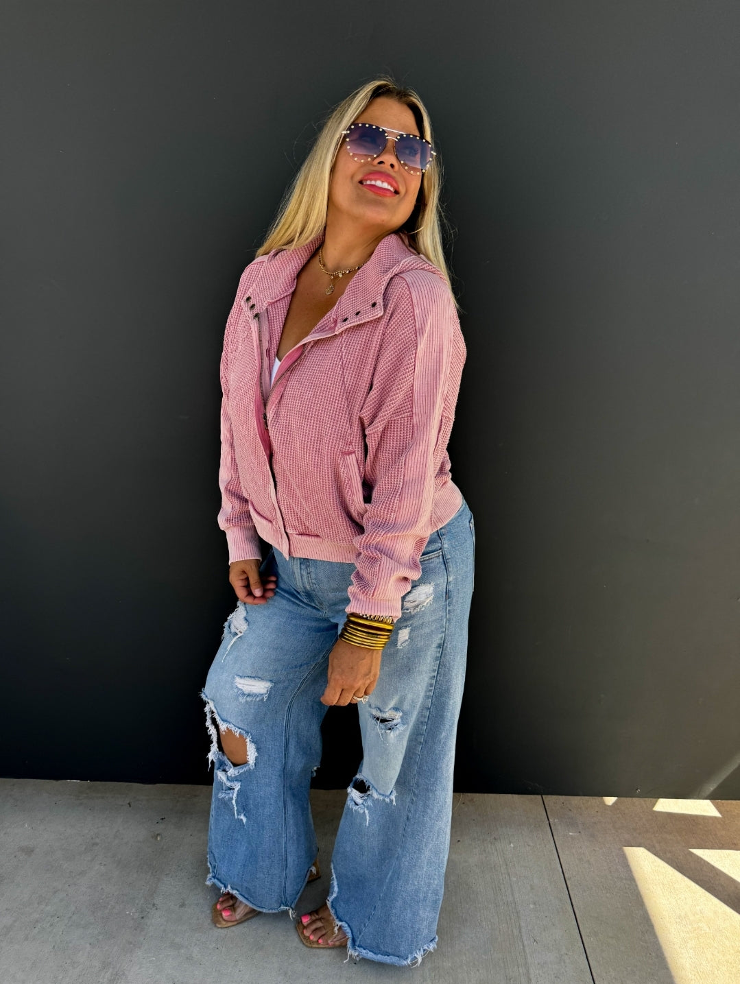 Blakeley Pink Mineral Wash Zip Up Hooded Sweatshirt