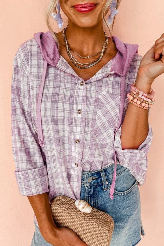 Lightweight Purple Plaid Hooded Button Down Shacket