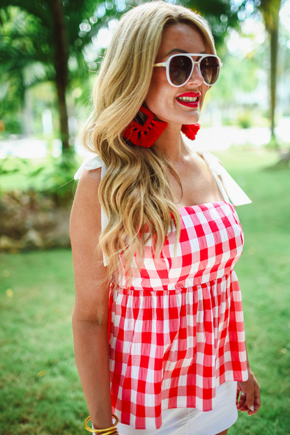 Jess Lea Red White Checkered Tie Shoulder Top