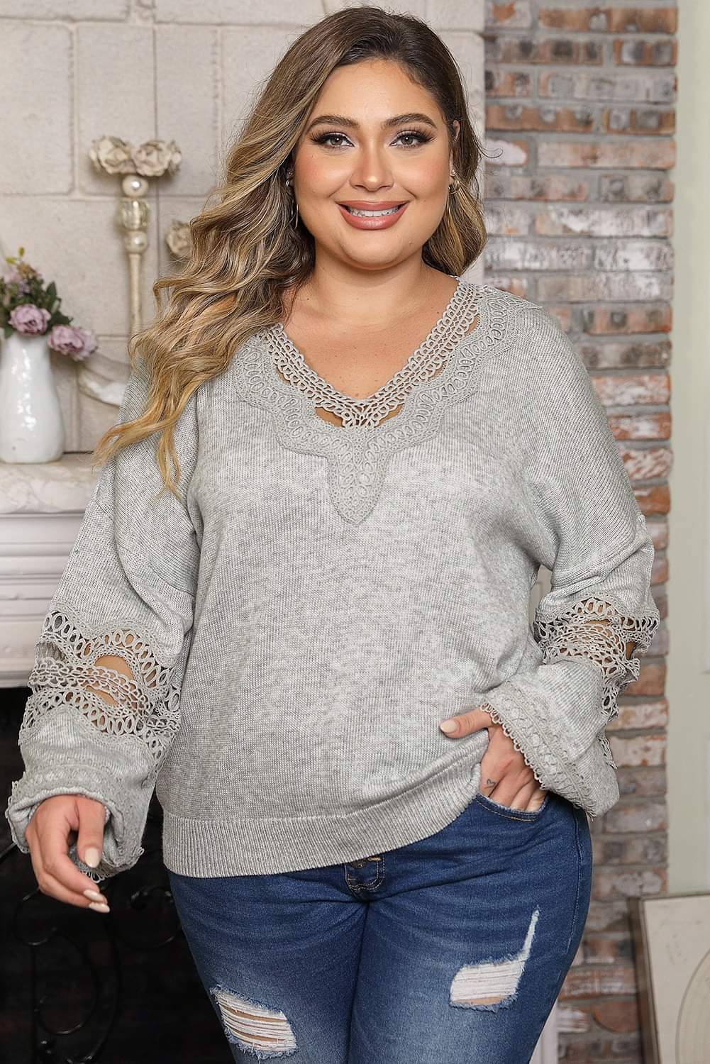 Plus Gray Crochet Trim V-neck Sweater