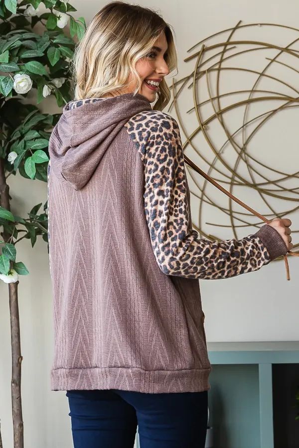 7th Ray Mushroom Cable Knit Hoodie Animal Print Contrast