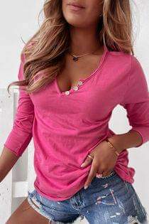 Pink V-neck Button Accents Long Sleeve Top