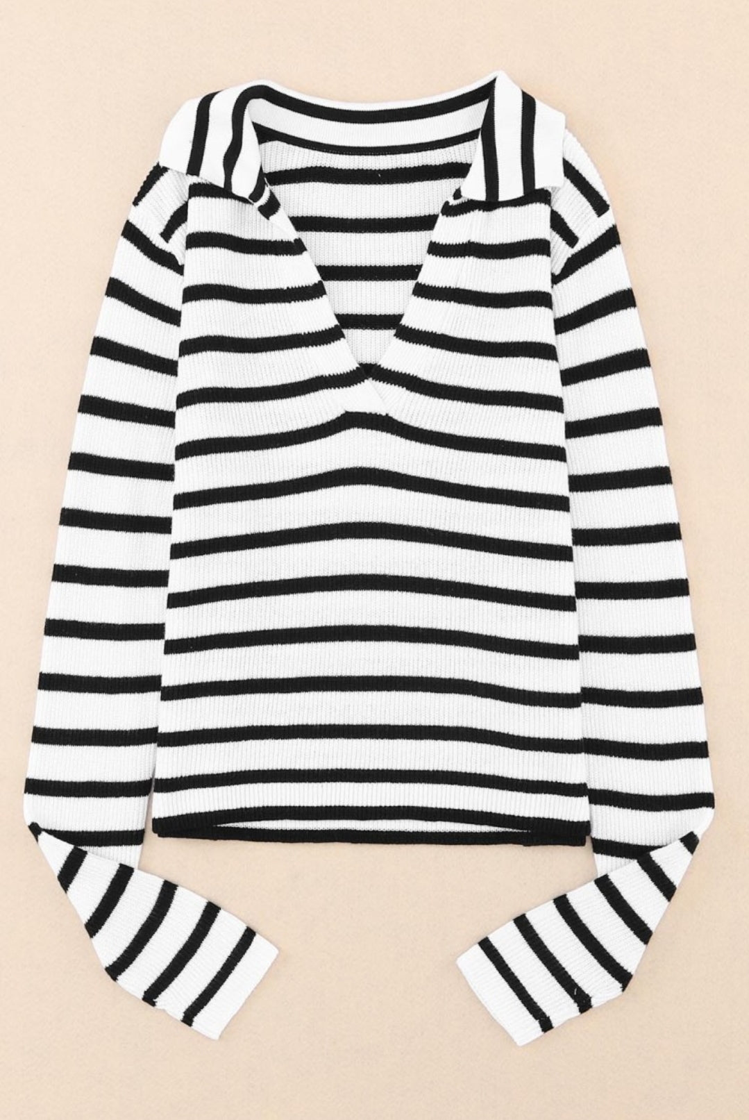 White Black Striped Collared V-neck Sweater