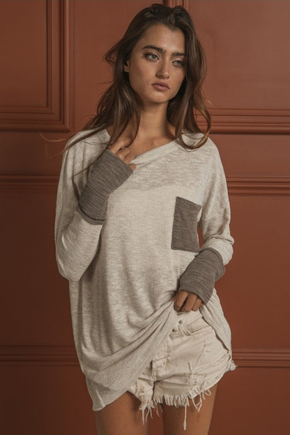 Bibi Beige Mocha with Pocket Long Sleeve Top