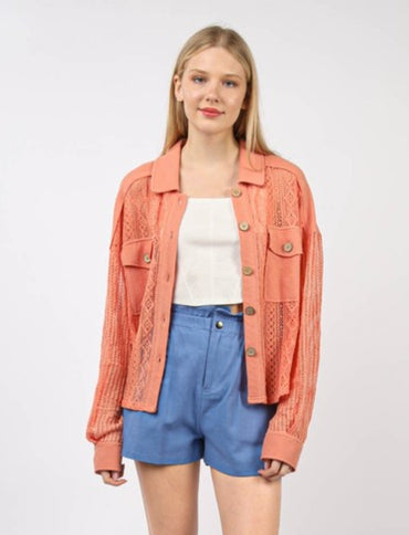 Very J Salmon Button Down Lace Shacket