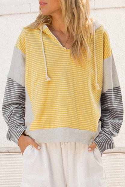 Yellow Gray Striped V-neck Hoodie