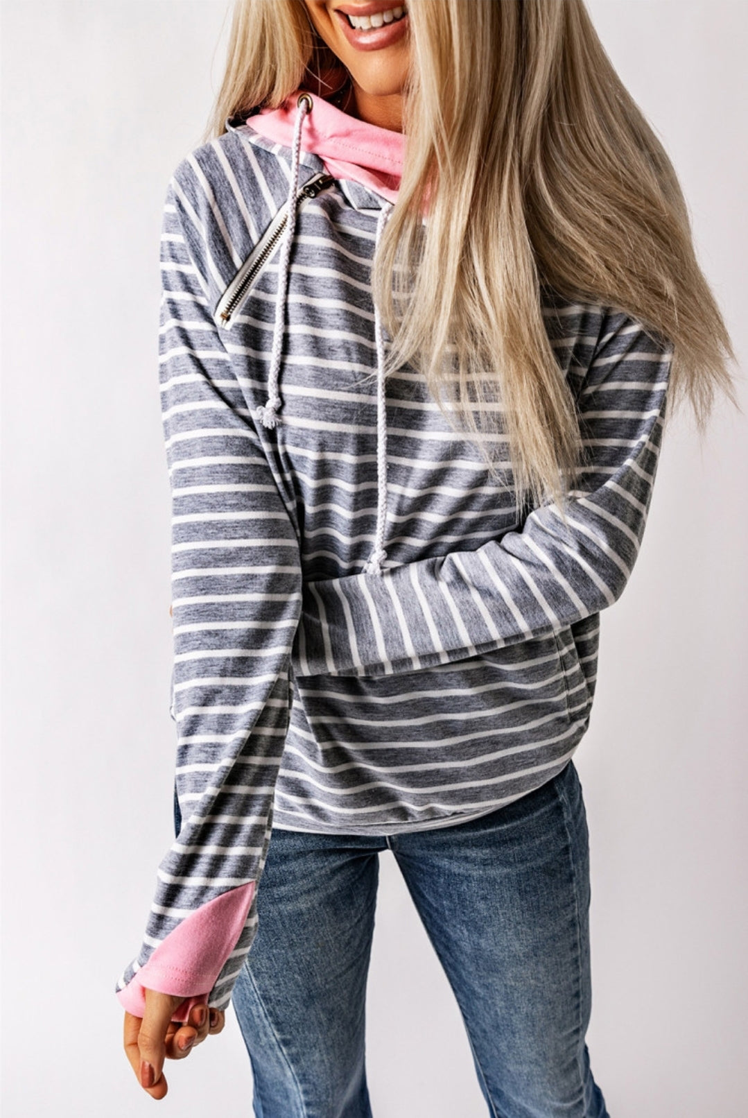 Gray White Pink Double Cowl Long Sleeve