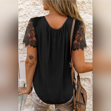 Black Cutout Neckline Lace Short Sleeve Top