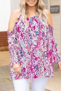Plus Pink Abstract Cold Shoulder Long Sleeve Top