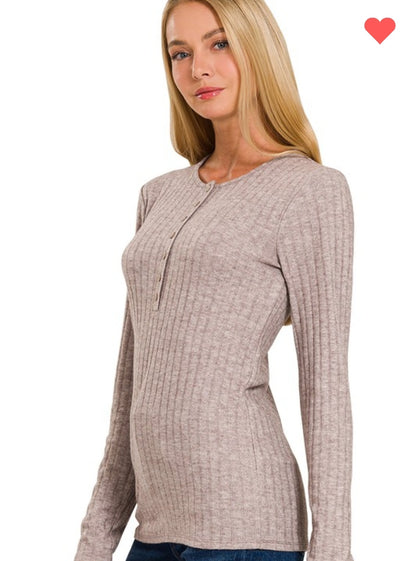 Zenana Ribbed Henley Long Sleeve Top