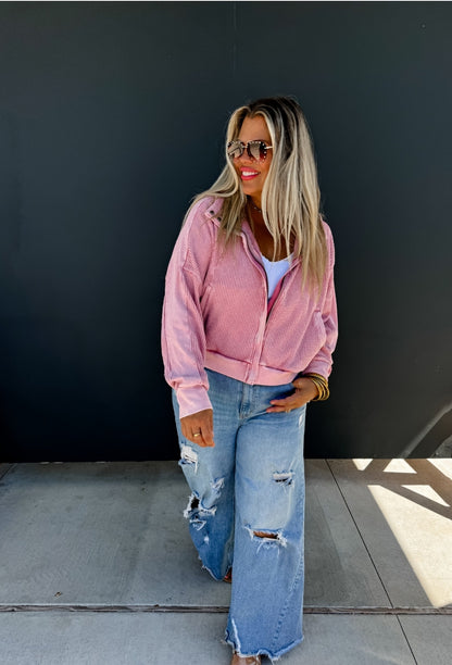 Blakeley Pink Mineral Wash Zip Up Hooded Sweatshirt