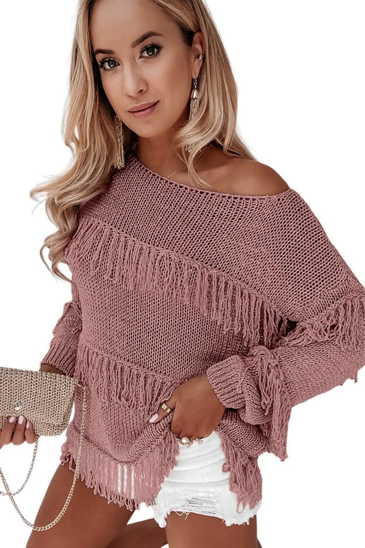 Pink Shimmer Fringed Sweater