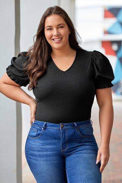 Plus Black Ribbed Short Sleeve BODYSUIT