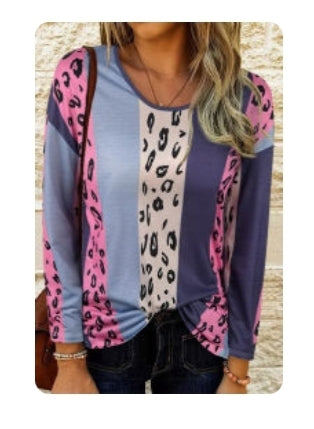 Purple Pink Colorblock & Leopard Long Sleeve Top