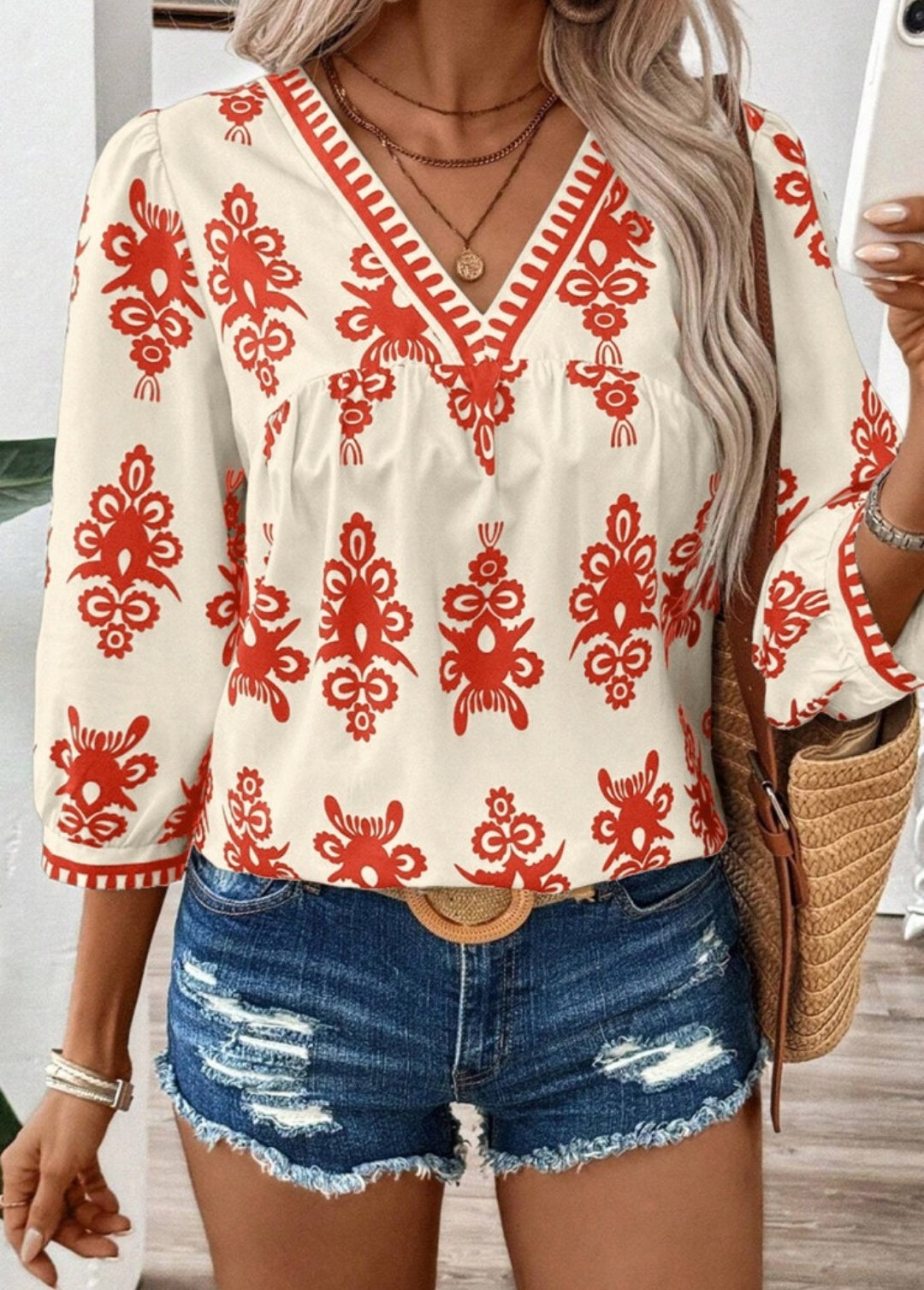 Geometric Print V-neck Top