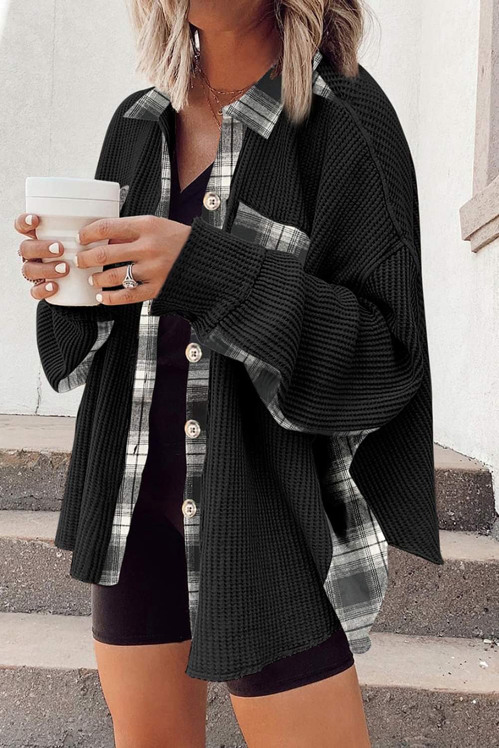 Black & White Plaid Waffle Shacket