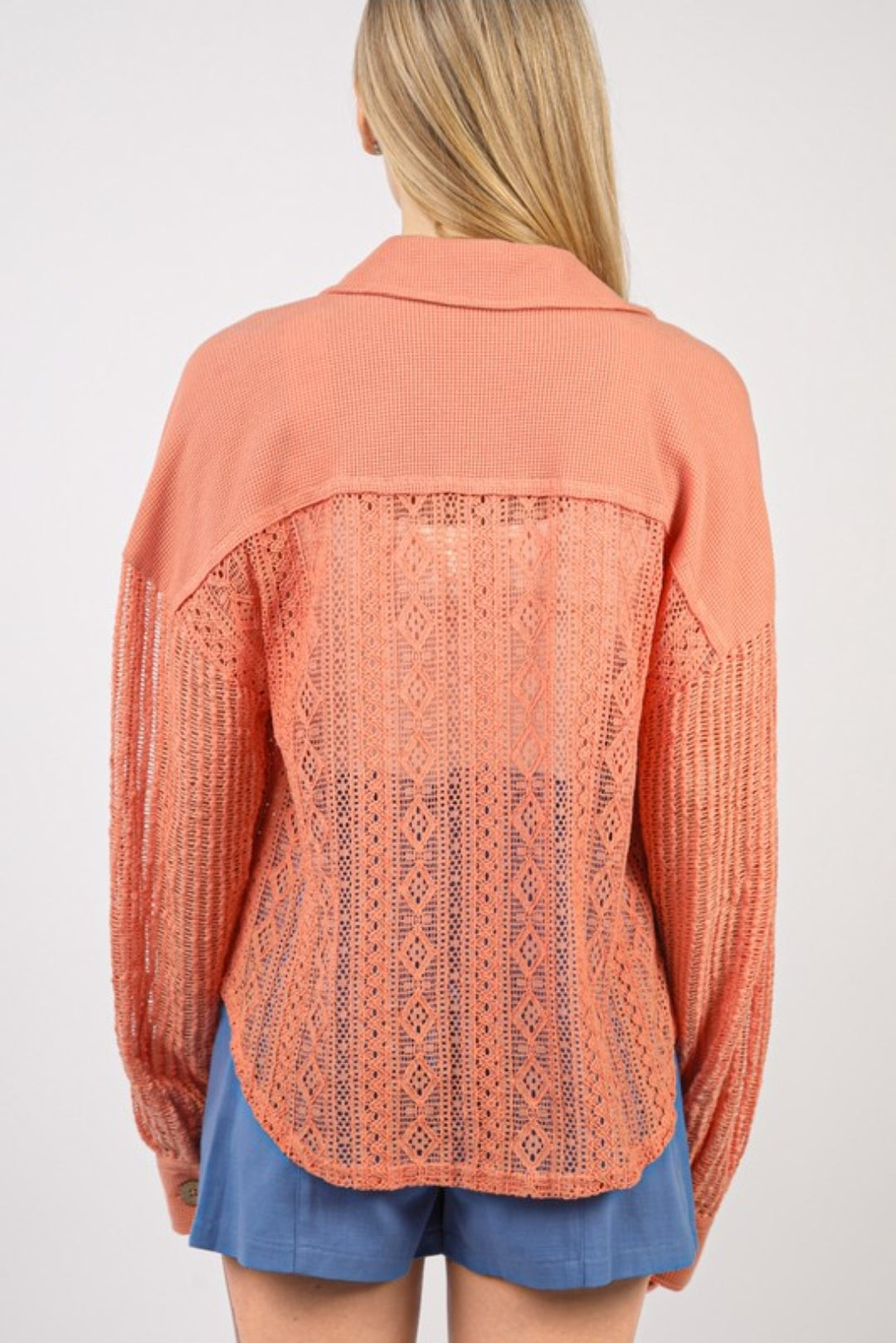 Very J Salmon Button Down Lace Shacket