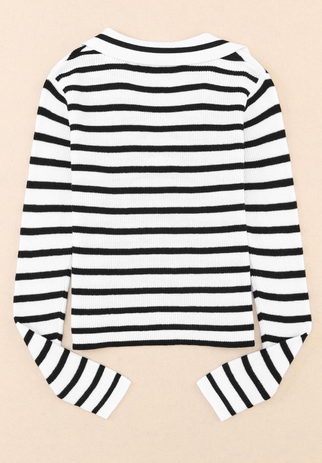 White Black Striped Collared V-neck Sweater