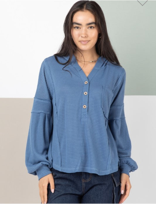 Very J Waffle Lightweight Hoodie Long Sleeve Top