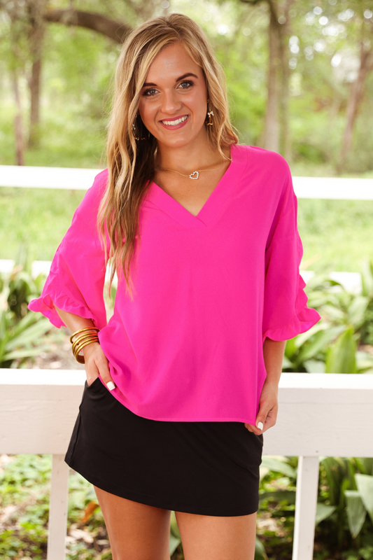 Jess Lea Amy Pink Ruffled Sleeve V-neck Blouse