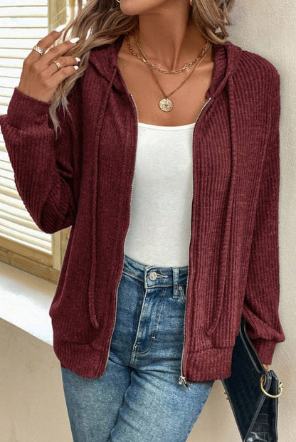 Burgundy Ribbed Zip Up Hooded Sweater