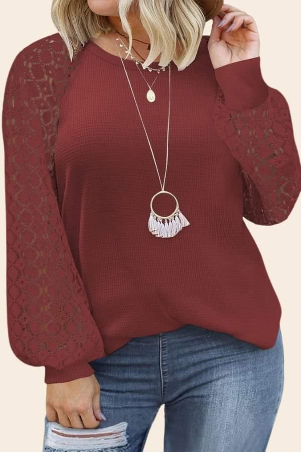 Plus Dark Red Open Detailed Long Sleeve Top