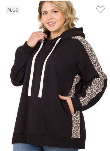 Zenana Solid & Leopard Trim Hooded Sweatshirt