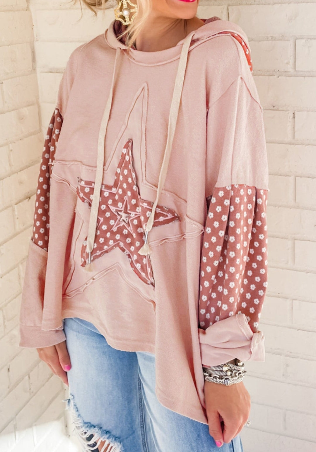 Pink Mineral Wash Star & Floral Hooded Sweatshirt