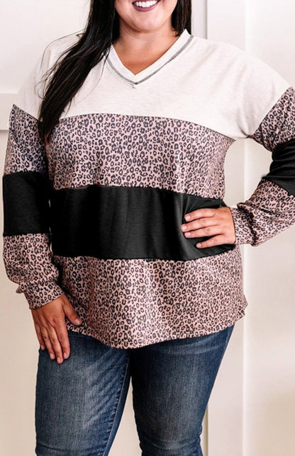 Plus Leopard Colorblock V-neck Long Sleeve Top