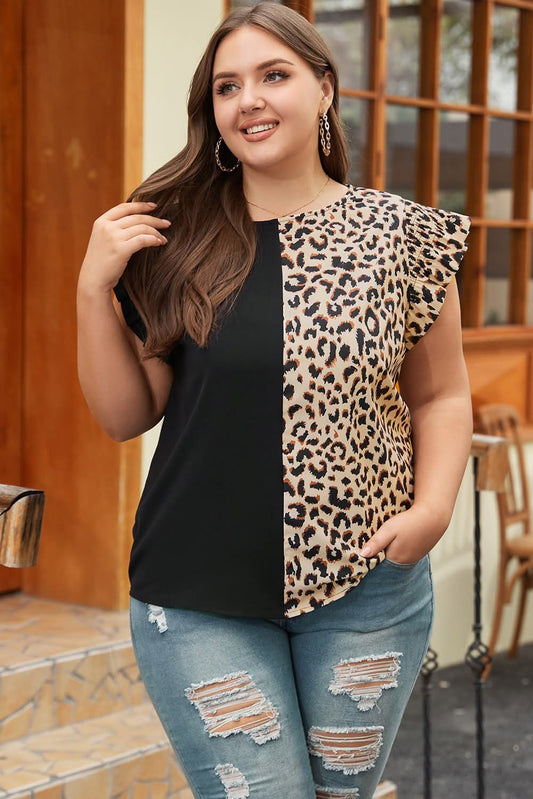 Black & Leopard Ruffled Cap Sleeve Top