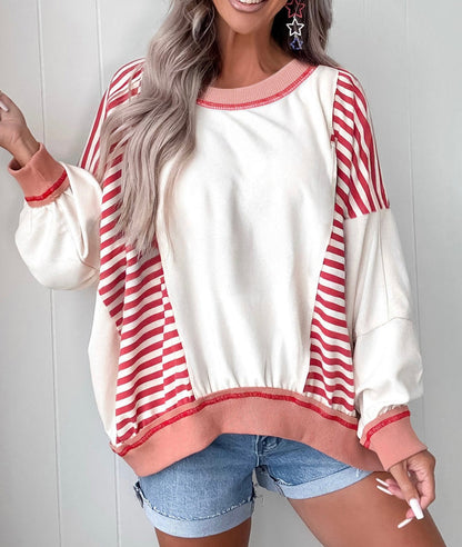 White Red Stripes Oversized Striped Sweatshirt