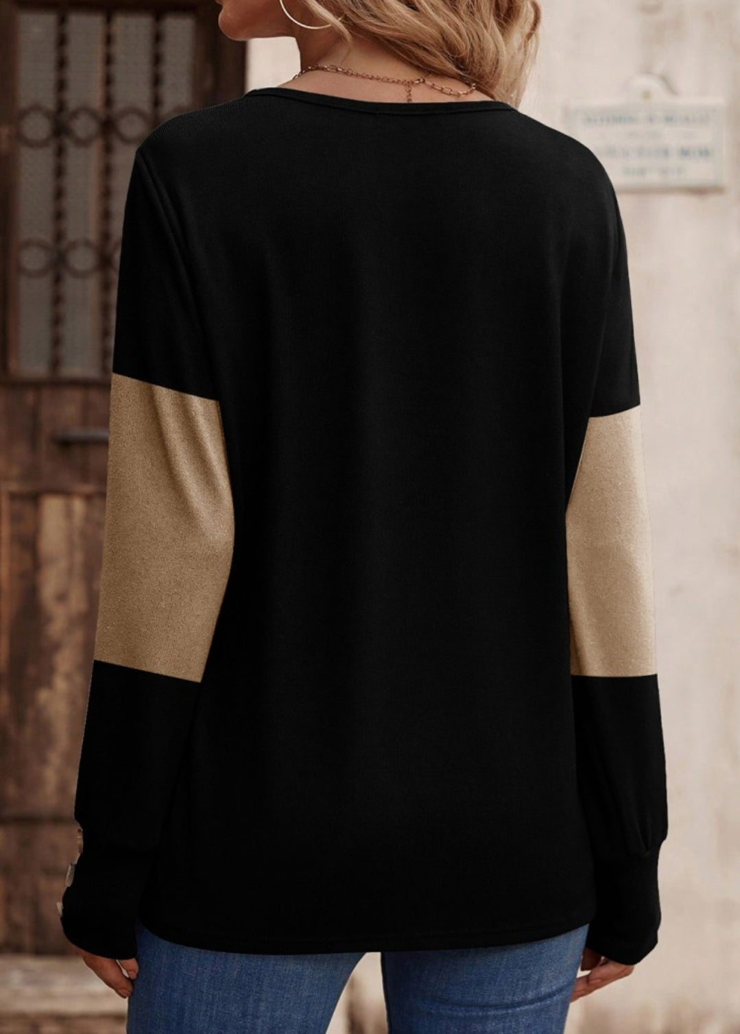 Black Khaki V-neck Long Sleeve Button Accents
