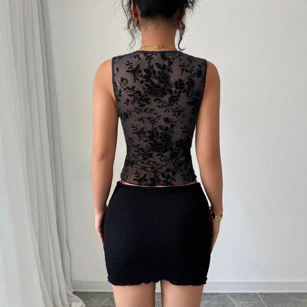 Black Flocked Sheer Mesh V-Neck Lace Tank Top