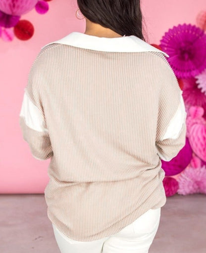 Plus Beige White Collared V-neck Ribbed Long Sleeve Top