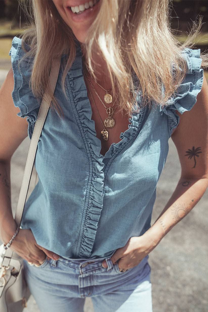 Denim Ruffled Trim Top