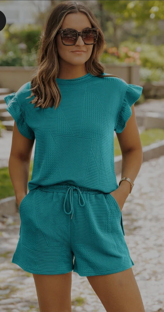2 pc. Aqua Textured Short Set