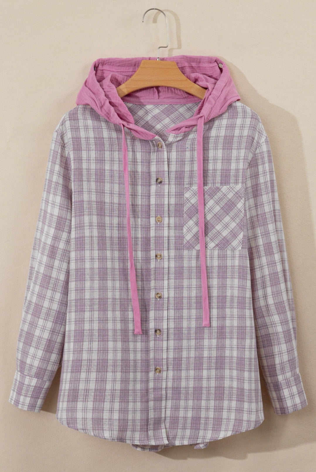 Lightweight Purple Plaid Hooded Button Down Shacket