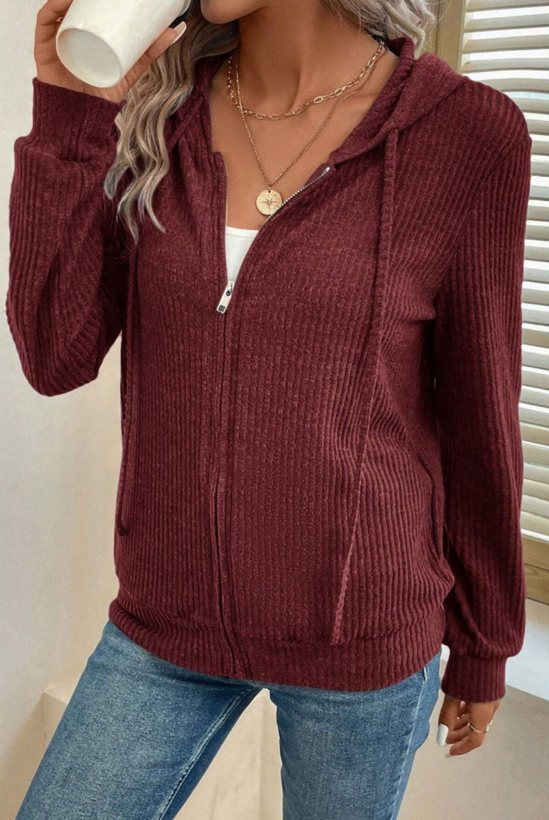 Burgundy Ribbed Zip Up Hooded Sweater